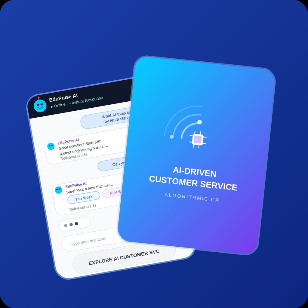 EduPulse AI instant response chat simulation card highlighting automated natural language modelling with zero point eight second delivery.