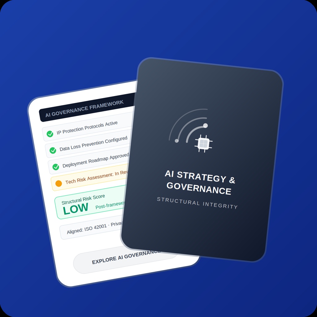 AI governance framework metrics dashboard card displaying active IP protection protocols and low structural risk scores.
