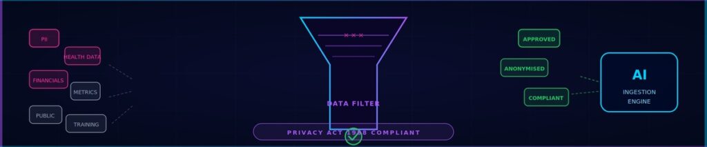 An infographic data filter pipeline diagram sorting personal data types from public metrics to achieve Privacy Act 1988 Compliance validation.