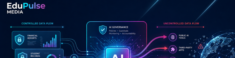 An infographic by EduPulse Media titled AI Governance, highlighting the distinction between controlled financial and student data flows versus the risks of unauthorised data egress into third-party public AI applications.