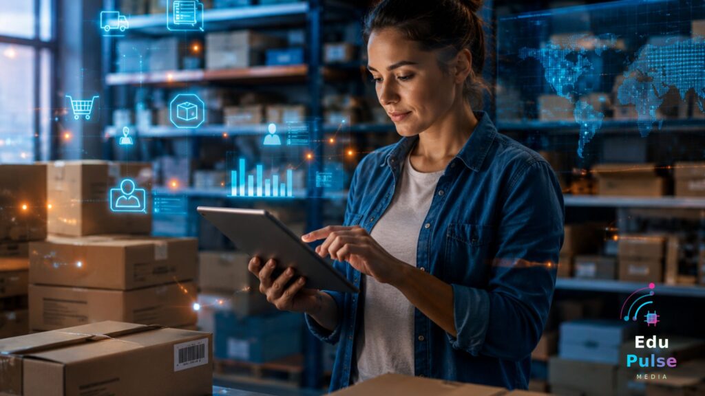 A small business owner using a digital tablet with AI data overlays in a warehouse, representing AI strategy and data governance for Australian SMEs by EduPulse Media.