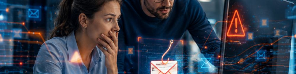 A worried professional viewing a screen with a red warning symbol and a phishing hook over an email, illustrating the risk of data leaks from free AI tools.