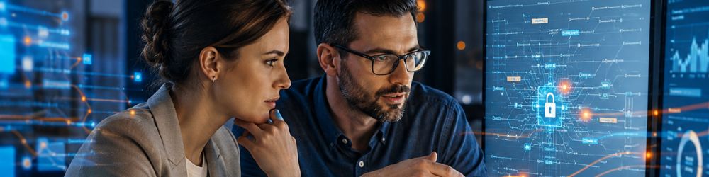 Two professionals analysing a secure network infrastructure with a padlock icon on a computer screen, representing enterprise data protection for Australian SMEs.