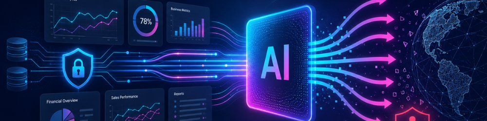 A graphic showing internal business metrics and financial data being transmitted from a secure, shielded environment into a public AI platform, resulting in uncontrolled data distribution across a global network.