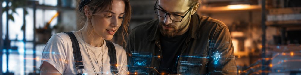 A small business team collaborating over a tablet with digital AI analytics overlays, representing the initial auditing of free AI tool usage in the workplace.